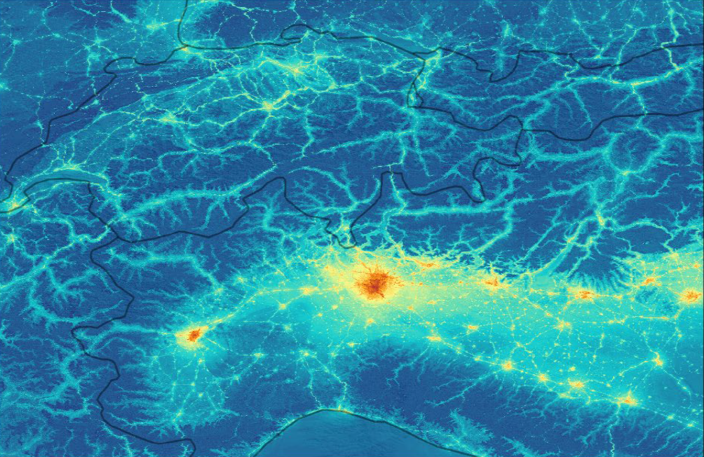 Map of near-surface NO2 concentrations from machine-learning model at 100 m resolution for Switzerland and Northern Italy